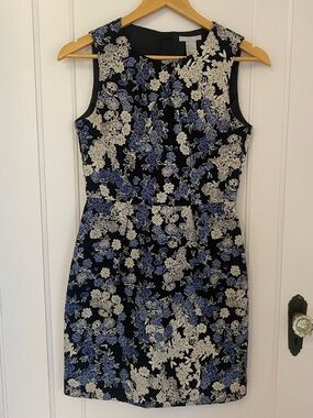 H&M Black Floral Mini Dress Blue and White Embroidery Size 4 Business Casual